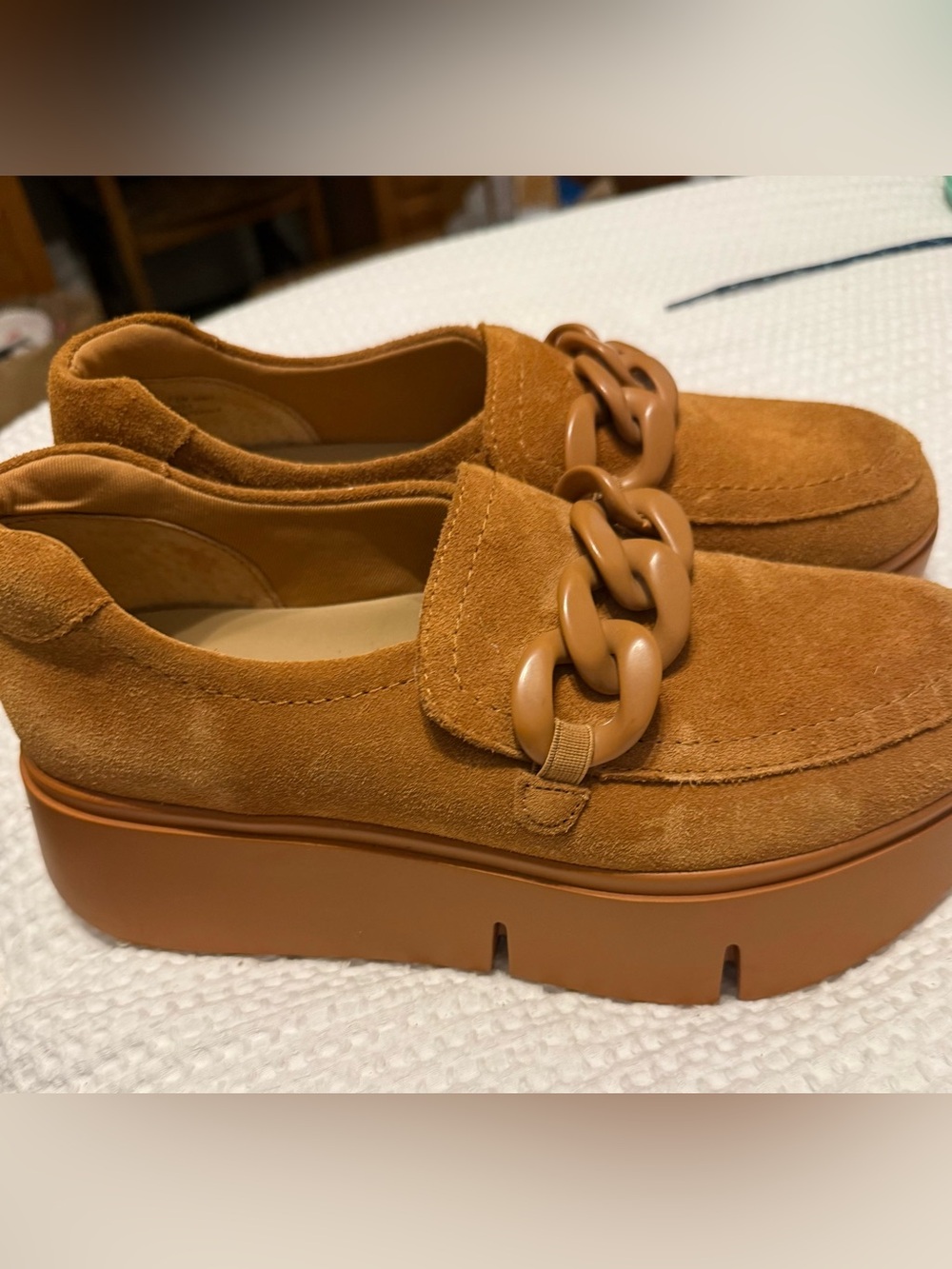 Naked Feet Cognac Suede Loafers with Chunky Chain